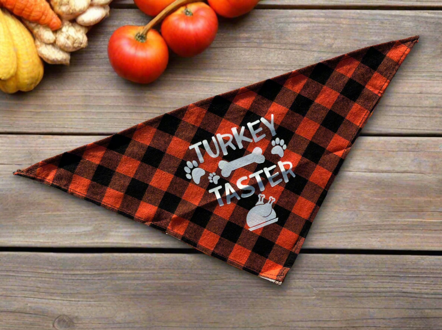 Turkey Taster Thanksgiving Dog Bandana, Pet Scarf, Small and Medium Dogs, Cates, Orange and Black Plaid