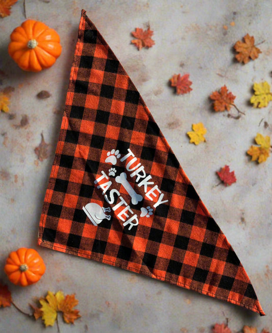 Turkey Taster Thanksgiving Dog Bandana, Pet Scarf, Small and Medium Dogs, Cates,  Orange and Black Plaid